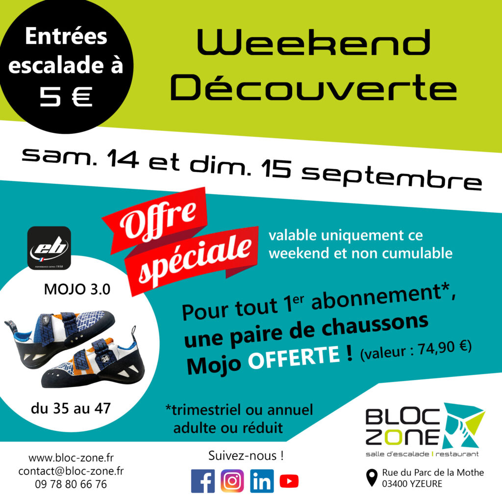 Weekend découverte escalade Bloc Zone 14 et 15 septembre
entrées à 5 euros