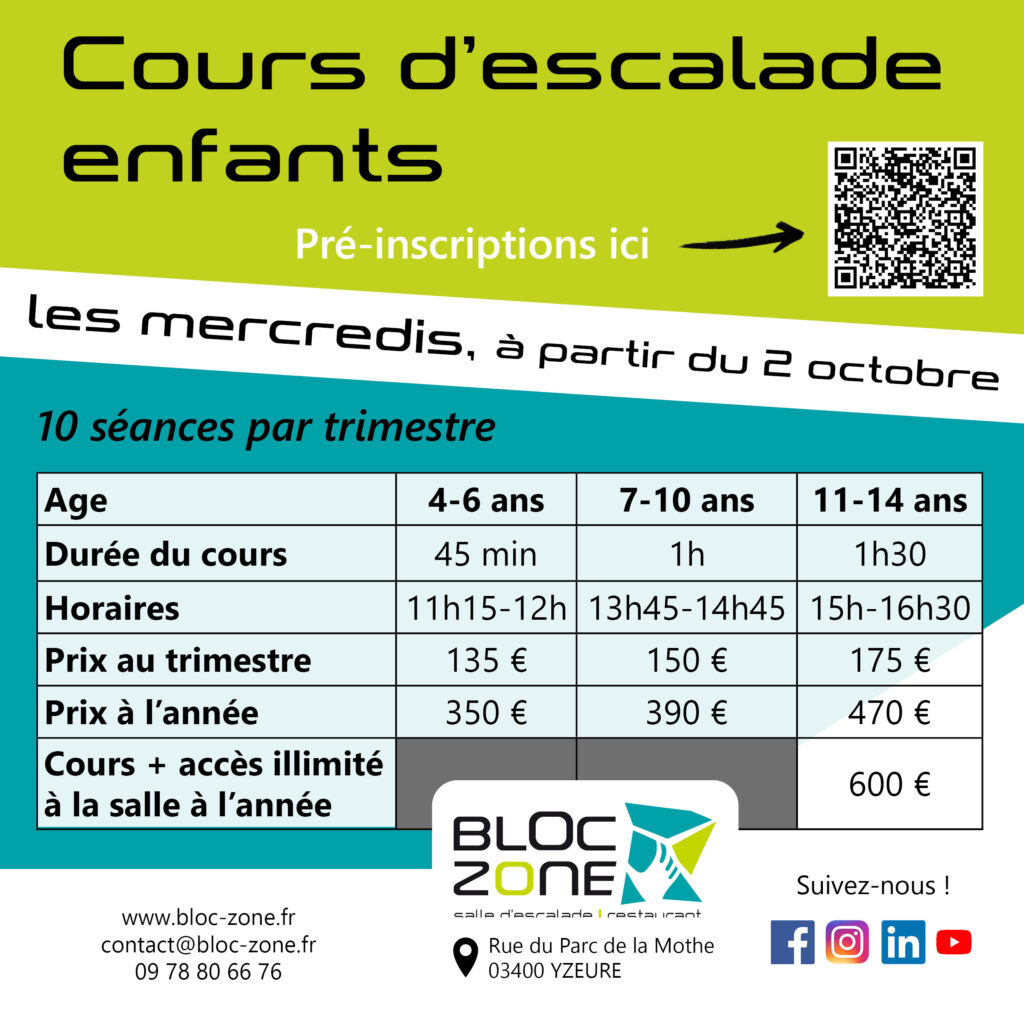 cours d'escalade pour les enfants les mercredis chez Bloc Zone rentrée 2024