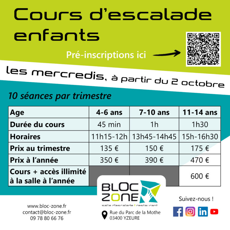 cours d'escalade pour les enfants les mercredis chez Bloc Zone